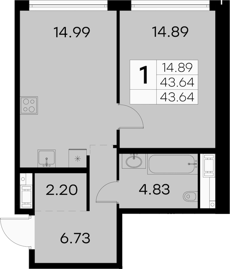 1-комнатная квартира 43.64 м², 7/7 эт., ЖК «GloraX Aura Vasileostrovsky»